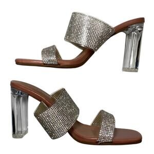 Top Moda Women’s 6 Silver Clear Block Heels Open Toe Rhinestones